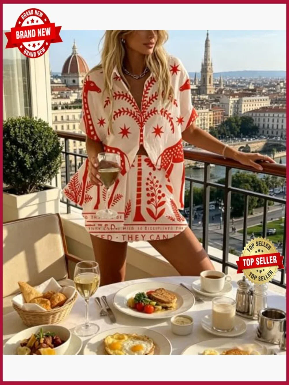 Women's 2 Piece Short Set - Boho Button Down Shirt & Matching Shorts Set